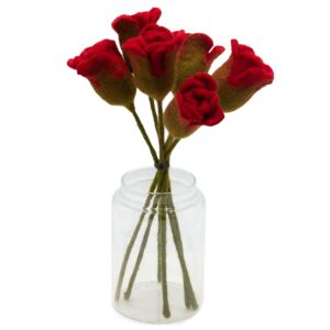 Set of six handcrafted felt red roses for elegant home decor.
