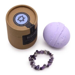 Handcrafted amethyst gemstone bracelet bath bomb in lavender and tea tree scent.