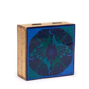 Medium enameled square box featuring a wolf and moon design.