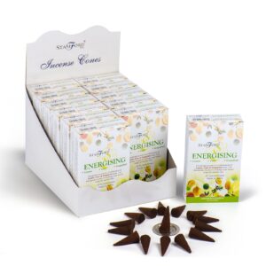 Energising incense cones in a decorative box for a calming atmosphere.