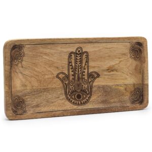 Black engraved long tray featuring a Hamsa design, ideal for home decor.