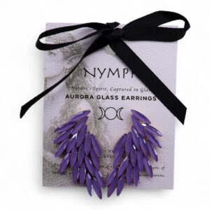Wing-shaped stainless steel earrings with vintage glass accents in lavender.