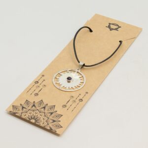 Silver plated sun pendant featuring a deep purple amethyst stone at the centre.