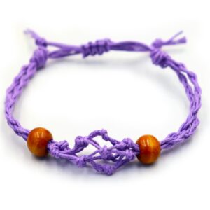 Purple crystal gemstone bracelet cord with wooden beads and adjustable length.