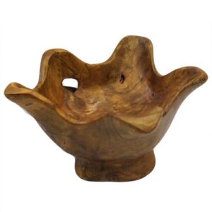 Hand-carved small round teak root bowl with unique abstract shape.
