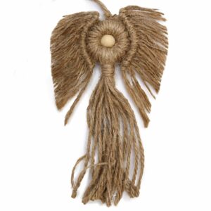 Hand woven macrame angel in a gift box, showcasing intricate design and natural fibres.