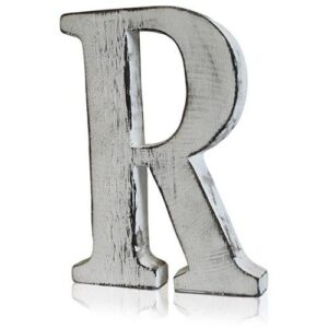 Handmade white letter 'R' from mango wood with a rustic finish.