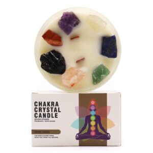 Large Chakra Crystal Candle adorned with seven gemstones for balance and harmony.