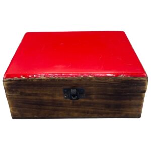 Large red ceramic glazed wood box perfect for storage or gifting.