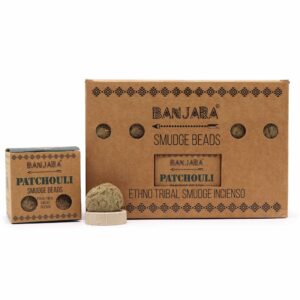 Banjara smudge beads infused with patchouli for a calming atmosphere.