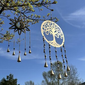 Large brass Tree of Life bell chimes with colourful beads, perfect for home decor.