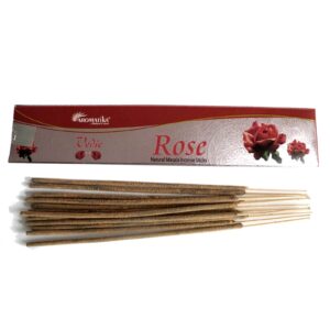 Hand rolled Vedic incense sticks with a rich rose fragrance in a decorative box.