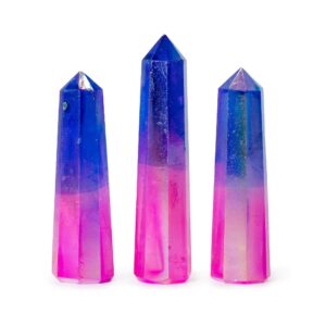 Hand-polished Pink and Blue Aurora Crystal Quartz Obelisk with shimmering surface.