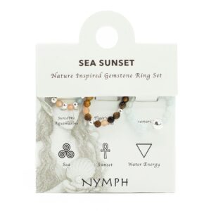 Gemstone ring set featuring gentle blues and earthy sunset tones.