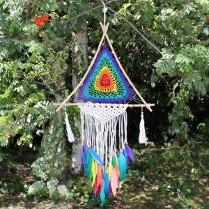 Large multi pyramid dreamcatcher with intricate designs and vibrant colours.