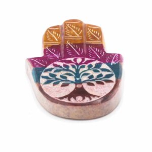 Soapstone Hamsa incense holder featuring the Tree of Life design.
