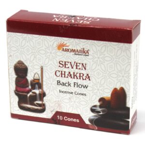Aromatica backflow incense cones with smoke cascading down a burner.