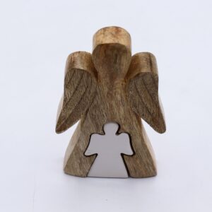 Mango wood angel figurine with white enamel accents, symbolising guidance and protection.