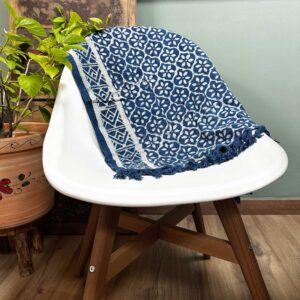 Handmade indigo runner featuring intricate Madjid Tiles pattern.