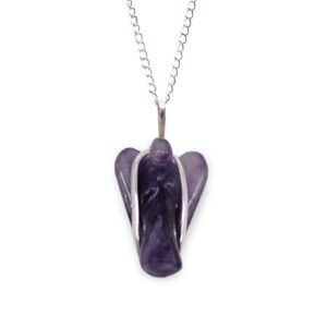 Amethyst gemstone guardian angel pendant with intricate detailing.