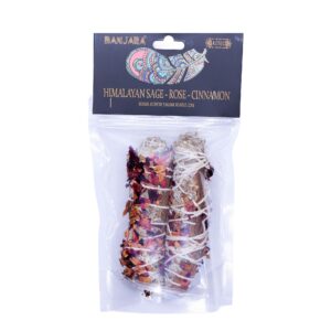 Handcrafted smudge bundle with Himalayan sage, rose petals, and cinnamon.