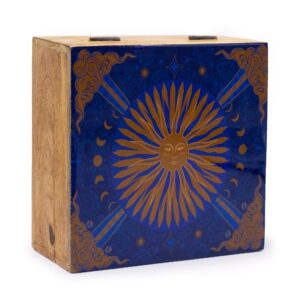 Enameled square box featuring a sun design, perfect for home decor.