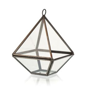 Small diamond-shaped glass terrarium with brass frame for succulents or decor.