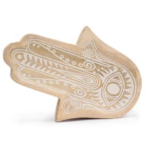 Whitewashed long tray featuring a Hamsa design, perfect for home decor.