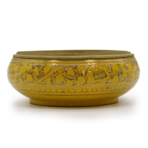 Handmade yellow charcoal incense jar with golden patterns for rituals.