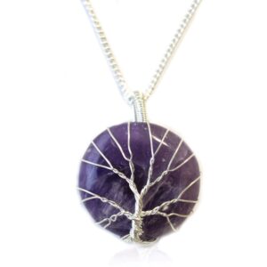 Amethyst Tree of Life gemstone necklace on a neutral background.