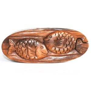 Handmade Sheesham wood Bali Magic Box featuring twin fish design.
