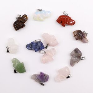Assorted gemstone lucky elephant pendants in various colours and designs.