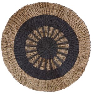 Round seagrass basket in black and tan, perfect for home decor and storage.