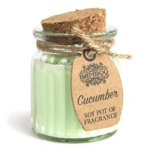 Cucumber soy wax candle pot in a reusable glass jar with cork lid.