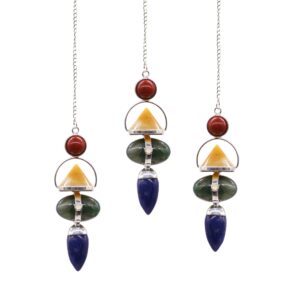Four Elements Gemstone Pendulum featuring Red Jasper, Yellow Adventurine, Moss Agate, Sodalite, and Moonstone.