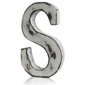 Handmade white letter 'S' from mango wood with a rustic finish.