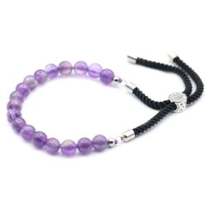 925 silver plated bracelet with amethyst gemstone on a black string.