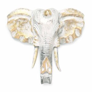 Hand-carved gold and whitewash elephant head ornament showcasing intricate details.