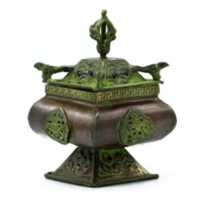 Brass Tibetan burner with four celestial symbols in verdigris finish