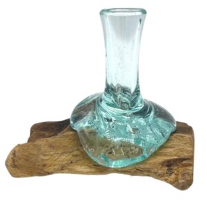 Handcrafted small flower vase made from recycled glass and gamal wood.