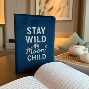 Dark blue velvet notebook with embossed 'Stay Wild Moon Child' design.