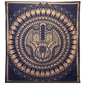 Blue and gold Hamsa design double cotton bedspread and wall hanging.