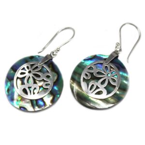 Handmade shell and silver earrings featuring floral abalone design.