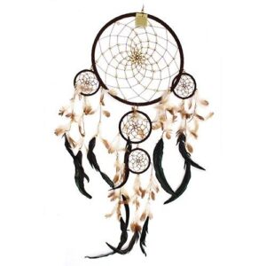 Handcrafted dream catcher in cream, coffee, and chocolate suede with feathers.