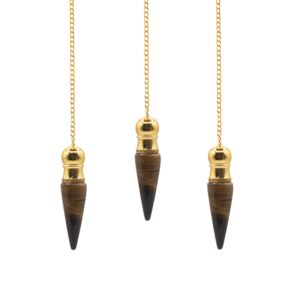 Tiger eye pendulum with gold-plated finish and hidden cavity for spiritual use.