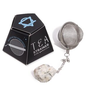 Raw crystal gemstone tea strainer featuring rainbow moonstone for elegant tea infusion.