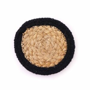 Set of four natural coasters made from jute and cotton with a black border.