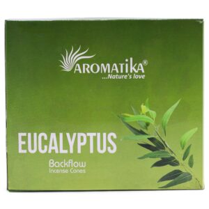 Hexagon-shaped box containing 10 eucalyptus backflow incense cones.