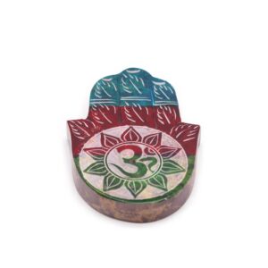 Soapstone Hamsa incense holder featuring the OM symbol for mindful living.