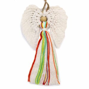 Hand woven macrame angel in a gift box, symbolising love and harmony.